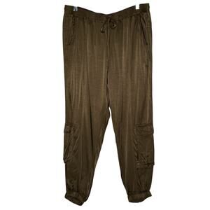 Johnny Was L Womens Ramble Cargo Utility Joggers Pants Satin Brown Gorpcore